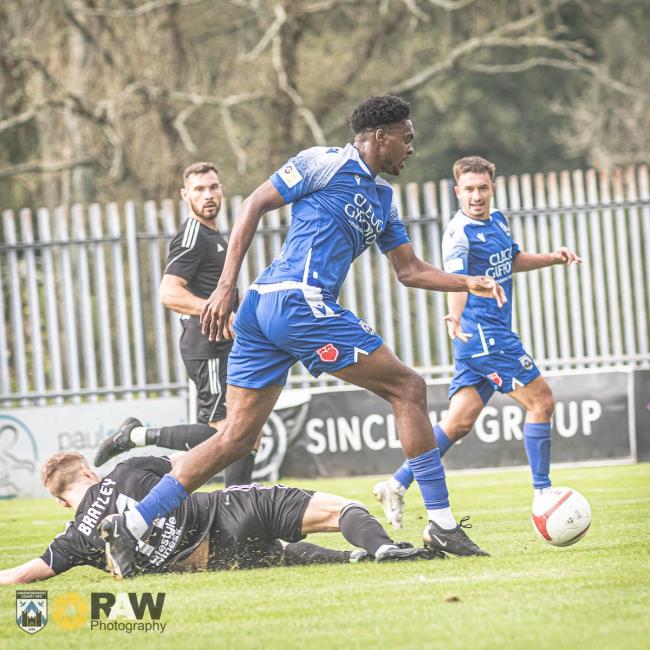 Midfielder Tyrese Owen pushes forward for The Bluebirds against The Nomads